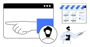 Web sitesi ekranına el işareti, profesyonel profil avatarı, online alışveriş karşılaştırması, sunucu pano ile açıklıyor. Çevrimiçi öğrenme, e-ticaret, pazarlama stratejileri ve dijital için ideal