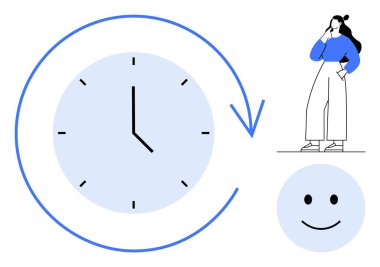Dairesel hareketi gösteren oklu büyük bir saat, düşünceli bir duruş ve gülen bir yüz. Üretkenlik, verimlilik, programlama, planlama, zaman yönetimi, iş hayatı dengesi için ideal