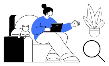 Kadın kanepede dizüstü bilgisayarla oturuyor, konuşuyor ve el kol hareketi yapıyor, kedisi de yanında. Bitki ve büyüteç yanına. Uzaktan çalışma, beyin fırtınası, rahatlama, evcil hayvan arkadaşlığı, öğrenim merkezi ofisi için ideal.