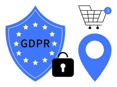 Yıldızlı bir GDPR kalkanı, siyah bir güvenlik kilidi, tebligatlı bir alışveriş arabası ve mavi bir lokasyon rozeti. Veri güvenliği, gizlilik politikaları, e-ticaret, konum hizmetleri, çevrimiçi alışveriş için ideal