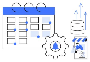 Mavi noktalı takvim, çan simgesi, veri depolama silindiri ve seyyar alışveriş arabası. Planlama, bildirimler, veri yönetimi, çevrimiçi ticaret, dijital pazarlama için ideal
