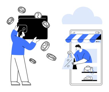 Dijital ödemeyi temsil eden bozuk paralarla birlikte şahıs tarafından tutulan dijital cüzdan. Akıllı telefondan ürün alan kişinin e-ticaret konsepti. Çevrimiçi alışveriş ve e-ticaret için ideal