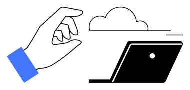 Bir dizüstü bilgisayarın üstündeki buluta uzanan el, bulut hizmetlerine erişimin kolaylığını gösterir. Bulut depolama, dijital dönüşüm, uzaktan erişim, teknolojik verimlilik, otomasyon, veri için ideal