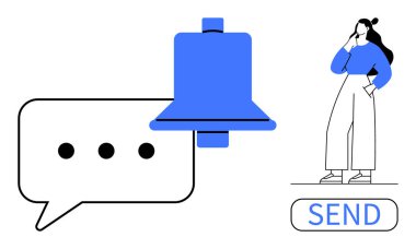 Zil ve mesaj baloncuğu. Düşünceli insan, Gönder düğmesinin yanında duruyor. Bildirimler, mesajlar, uyarılar, iletişim, dijital etkileşimler, çevrimiçi ilişkiler, sosyal medya için ideal. Basit.