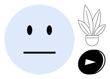 Büyük, tarafsız bir yüz, duygusuz duygular taşır. Yakınlarda, ot içindeki yapraklı bitkiler büyümeyi işaret ediyor. Çalma düğmesi multimedya temalarını simgeler. İletişim, duygular, büyüme ve teknoloji için ideal