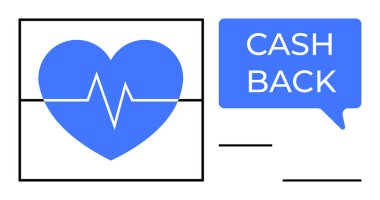 Mavi kalp ve can simidi kare içinde, bitişik mavi konuşma balonu ve CASH geri döndü. Sağlık sigortası, finansal teşvikler, müşteri ödülleri, sağlık hizmetleri tanıtımı, fitness programları için ideal