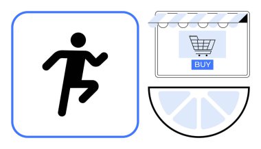 Basitleştirilmiş figür çalışması, alışveriş arabasının düğmesiyle çevrimiçi mağaza önü ve segmentli daire. E-ticaret, dijital pazarlama, tüketici davranışı, çevrimiçi alışveriş, fiziksel aktivite, kullanıcı