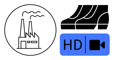 Duman yayan sanayi fabrikası, üretkenliği ve emeği sembolize eden botlar, iletişim ve medya için HD video ikonu. Üretim, endüstri, iş gücü, işyeri, video kalitesi için ideal