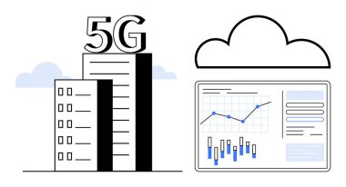 İki gökdelende 5G etiketli ve yakınında bulut var. Komşu ekran veri tabloları ve analizleri gösterir. Telekomünikasyon, teknolojik gelişmeler, veri analizi, bulut hesaplaması, ağ için ideal