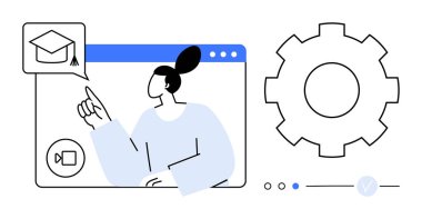 Bir video konferans arayüzü içindeki mezuniyet başlığı simgesine bakan eğitmen, yanında bir vites simgesi ile birlikte. Çevrimiçi eğitim, e-öğrenme platformları, sanal sınıflar, uzaktan eğitim için ideal
