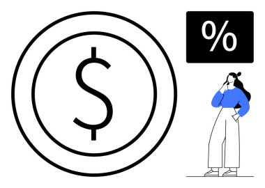 Çember içinde dolar işareti, yüzde simgesi, insan düşüncesi. Finans, ekonomi, bütçe, yatırım, faiz oranları için ideal stratejik planlama. Basit, koyu mavi ve beyaz tasarım