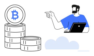 Adam, şifreli para akımlarını gösteren Bitcoin paralarını dizüstü bilgisayarla gösteriyor. Başlıklar için ideal kripto, finans, yatırım, teknoloji, engelleme zinciri, dijital para birimi, çevrimiçi