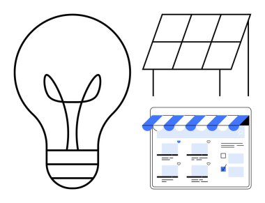 Fikirleri temsil eden ampul, yenilenebilir enerjiyi gösteren güneş paneli, tentelerle çevrimiçi mağaza arayüzü. Yeşil teknoloji, yenilik, sürdürülebilirlik, e-ticaret, dijital çözümler için ideal