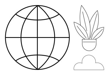 Kavisli geniş bir küre küresel bağlantıyı sembolize eder. Ve yanlarında bir saksı bitkisi ve bir de bulut vardır. Sürdürülebilirlik, çevre, doğa, küresel düşünce, büyüme, basitlik için idealdir. Soyut