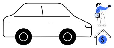 Araba anahtarı elinde tutan kadın, büyük araba hatlarının yanında duruyor ve bir dolar sembolü olan, mavi bluzlu ve beyaz pantolonlu bir ev. Yatırım için ideal, satın alma kararları, araba kredisi, mortgage, finans