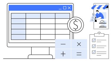 Hesap tablosu, hesap makinesi, alışveriş arabası, pano kontrol listesi, para birimi sembolü olan bilgisayar ekranı. Finans, bütçe, e-ticaret, çevrimiçi alışveriş muhasebe işi dijital planlama için ideal