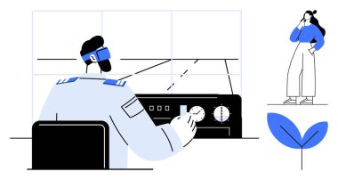 Hava trafik kontrol subayı ekipman çalıştırıyor kadın düşünceli duruyor. Havacılık, teknoloji, iletişim, karar verme, denetim, sorumluluk, soyut takım çalışması için ideal