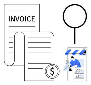 Büyüteç, fatura, dolar sembollü kağıt, online alışveriş merkezli mobil cihaz. Finans, fatura, e-ticaret, ödeme işlemleri, çevrimiçi işlem denetimleri için ideal