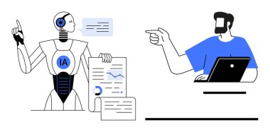 Yapay zeka robotu elinde çizelgelerle bir dizüstü bilgisayar üzerinde çalışırken bir insanın işaret ettiği ile etkileşime geçiyor. Yapay zeka, otomasyon, veri analizi, insan-robot işbirliği, teknoloji için ideal.