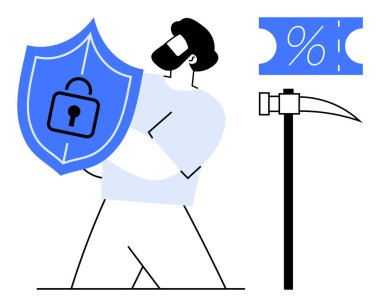 Kilitli bir kalkanı tutan adam, veri güvenliğini simgeliyor. Bir kazma ve indirim etiketi var. Siber güvenlik, veri koruması, şifreleme, finansal güvenlik, çevrimiçi güvenlik, güvenlik için ideal