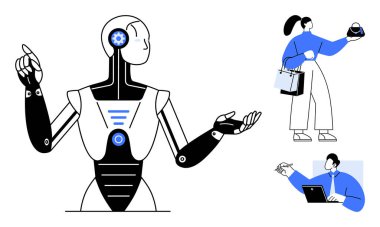 Dişlilerde görünen dişlilerle hareket eden robot dizüstü bilgisayarda çalışan erkek gezegen modelini tutuyor. Teknoloji, yapay zeka, yenilik, iş iletişimi, gelecek kavramları, dijital