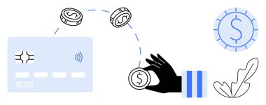 Elinizde bozuk para, temassız kredi kartının yanında bozuk paralar, filizler ve dolar işaretli sikke. Bankacılık, yatırımlar, tasarruflar, dijital ödemeler, finansal büyüme zenginliği yönetimi için ideal