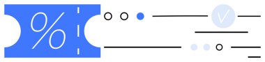 Yüzdelik sembollü mavi kupon, noktalı çizgiler, daireler, işaretler ve soyut çizgiler. Satışlar, promosyonlar, pazarlama malzemeleri, müşteri sadakati, çevrimiçi alışveriş, perakende etkinlikleri için ideal
