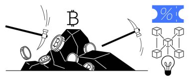 Kazmalarla çıkarılan bitcoin paraları, işlemleri sembolize eden engelleme ağı ve finansal yönleri gösteren yüzde işareti. Kripto para birimi, dijital finans, engelleme zinciri için ideal