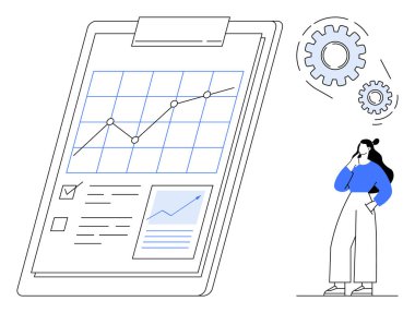 Yükselen bir çizelge, kontrol listesi ve daha küçük grafikle birlikte düşünen bir kadın ve dişlilerin olduğu büyük bir pano. Veri analizi, verimlilik, planlama, strateji, iş büyüme performansı için ideal