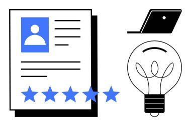 Beş yıldızlı profesyonel profil belgesi, dizüstü bilgisayarı ve ampulü var. İş başvuruları, performans değerlendirmeleri, çevrimiçi portföyler, yenilik, yaratıcılık kavramları, kariyer gelişimi için ideal