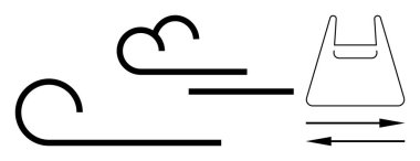 Kıvrımlı çizgiler rüzgarı, düz çizgiler hareketi ve sağdaki plastik torbayı gösteriyor. Çevresel farkındalık, kirlilik, sürdürülebilirlik, atık yönetimi, iklim değişikliği, yenilenebilir enerji için ideal