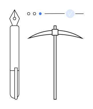 Noktalı, çizgili ve işaretli sembollü kazmanın yanına dolma kalem. Yaratıcılık, emek, denge, kontrastlık, basitlik grafik tasarım eğitim materyalleri için idealdir. Satır metaforu