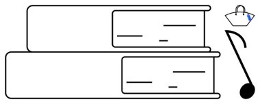 Yığınlanmış kitaplar, küçük bir alışveriş çantası ve bir nota. Eğitim, okuma, alışveriş, satın alma, müzik eğlence eğitimi ve kültürel aktiviteler için idealdir. Basit soyut çizgi düz
