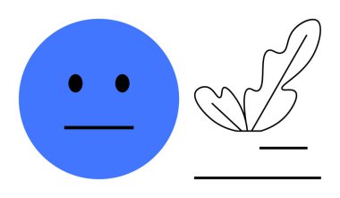 Mavi tarafsız yüz, soyut siyah ve beyaz yaprağın yanında asgari ifade. Duygular için ideal, minimalizm, doğa, denge, sükunet, basitlik, iletişim. Soyut çizgi düz metafor