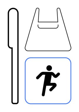 Meydanda koşan bir çöp adam, bir alışveriş çantasının taslağı ve bir diş fırçası taslağı. Sağlık, diş bakımı, fitness, alışveriş, günlük hijyen rutin yaşam tarzı kavramları için idealdir. Temiz modern