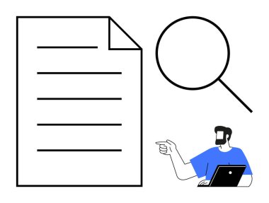 Dizüstü bilgisayarı olan bir adam, büyüteç yanında çizgileri olan büyük bir belgeyi işaret ediyor. Araştırma, analiz, inceleme, inceleme, soruşturma, odaklanma ve verimlilik için ideal. Basit soyut çizgi