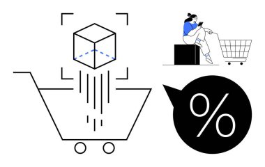 Alışveriş sepetinin üstündeki arttırılmış gerçeklik küpü, boş el arabasının yanında telefon kullanan kişi, yüzde büyük indirim sembolü. E-ticaret için ideal, dijital pazarlama, tüketici davranışı, çevrimiçi alışveriş, kullanıcı