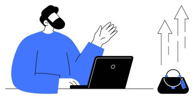 Profesyonel iş adamı dizüstü bilgisayardaki satış performansını tartışıyor. Artan satış grafiği, el çantası çizimi. E-ticaret, satış, pazarlama stratejileri, dijital iş büyümesi için ideal, çevrimiçi