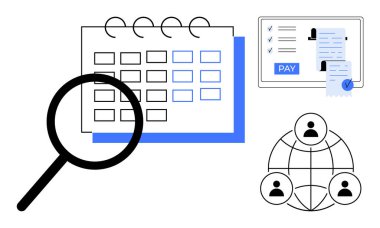 Büyüteç takvim üzerinde yoğunlaşır, yanında fatura ve ödeme sistemi ve aşağıdaki insan simgeleri ağı vardır. İş planlaması, finans yönetimi, organizasyon, takım çalışması, programlama için ideal