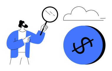 Bir büyüteç tutan karakter mavi bir daire içindeki bir dolar işaretini işaret ediyor. Bu da finansal analizi ima ediyor. Arka planda bulut var. Finans, analiz, ekonomi, yatırım ve pazar için ideal