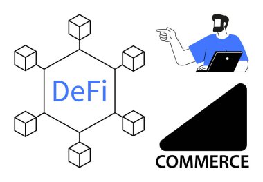 DeFi mesajlı engelleme ağı, dizüstü bilgisayarda çalışan adam ve ticaret sembolü. Fintech, engelleme zinciri, yerel finans, e-ticaret, yenilik, dijital dönüşüm için ideal