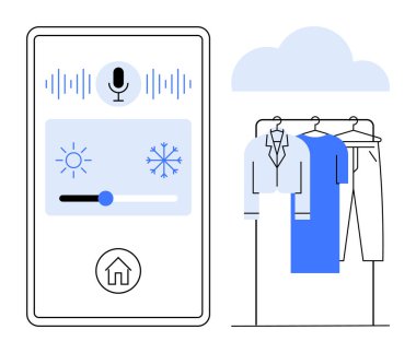 Dolabın yanında kıyafetlerle mikrofon olan dijital kontrol paneli. Akıllı ev, sesli komuta, IOT, klima kontrolü, ev otomasyonu, moda teknolojisi, dijital yaşam tarzı için ideal. Satır metaforu