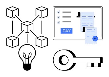 Blokzincirleme ağ diyagramı, ödeme makbuzu ve kontrol listesi ile tablet, fikri temsil eden ampul ve güvenliği sembolize eden anahtar. Fintech, dijital güvenlik ve yenilik için ideal