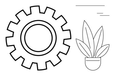 Kalın teçhizat ve soyut çizgileri olan saksı bitkisi çizimi. Teknoloji, mühendislik, doğa, büyüme, denge, minimalizm ve yenilik için idealdir. Basit soyut çizgi düz metaforu