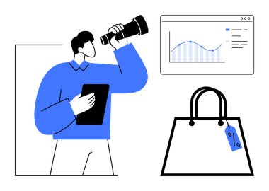 Teleskoplu ve tabletli bir adam fiyat etiketli veri grafiği alışveriş torbası inceliyor. Pazar araştırması, veri analizi, iş stratejisi, e-ticaret, satış tahminleri, tüketici davranışı, soyut