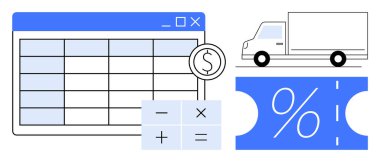 Finansal hesap tablosu, aritmetik sembollü hesap makinesi, dağıtım kamyonu ve finansal yönetim, lojistik, bütçe, ekommerce, planlama, işlemler ve finansmanı ön plana çıkaran indirim kuponu.