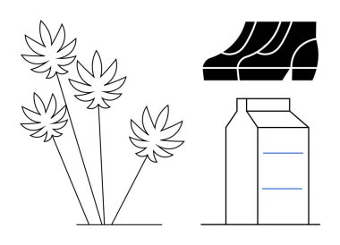 Üç bitkinin siyah çizimi, bir süt kutusu ve bir merdiven. Sürdürülebilirlik için ideal, günlük rutin, sadelik, modern yaşam tarzı, minimalizm temiz tasarım ev esasları. Soyut çizgi