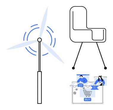 Yel değirmeni, dönen bıçaklarla yenilenebilir enerji üretiyor minimalist sandalye ve internetten alışveriş yapan iki kişi. Sürdürülebilirlik, tasarım, e-ticaret, teknoloji, yenilik, modern yaşam tarzı için ideal