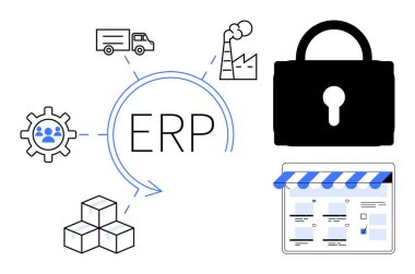 Ekipman, kamyon, fabrika, kilit, küp ve çevrimiçi mağaza pencereleriyle çevrili ERP sistemi. Ticari yönetim, tedarik zinciri, bilişim güvenlik üretim planlama e-ticaret lojistiği için ideal