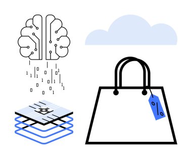 Yapay zeka veri yağdırıyor, bulut, mikroçip katmanları, etiketli alışveriş torbası. Yapay zeka, bulut hizmetleri, veri işleme, e-ticaret, teknolojik yenilik için ideal online alışveriş dijital